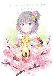 Rule 34 | 1girl, 2022, animal, blue eyes, blush, branch, closed mouth, commentary request, cropped torso, floral print, flower, fur collar, grey hair, hair flower, hair ornament, holding, holding animal, japanese clothes, kimono, long sleeves, looking at viewer, obi, one side up, original, petals, pink flower, pink kimono, pink rose, print kimono, rose, sash, sleeves past wrists, smile, solo, tiger, translation request, upper body, wataame27, white flower, wide sleeves, yellow flower