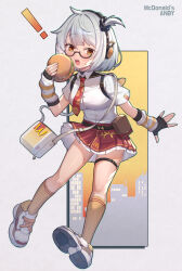 1girl :o anby_demara belt black_belt black_gloves blush breasts brown_socks burger cityscape collared_shirt commentary_request dress_shirt elbow_gloves fingerless_gloves food food_on_face french_fries glasses gloves grey_background grey_hair headphones highres holding holding_food kneehighs mcdonald&#039;s medium_breasts necktie open_mouth orange_eyes pleated_skirt print_necktie puffy_short_sleeves puffy_sleeves red_necktie red_skirt shirt shoe_soles shoes short_sleeves skirt socks solo teeth thigh_belt thigh_strap uneg upper_teeth_only white_shirt white_shoes zenless_zone_zero