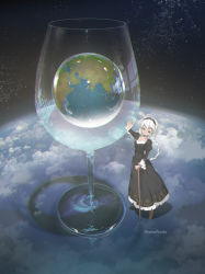 Rule 34 | 1girl, artist name, black dress, black eyes, black hairband, boots, braid, braided ponytail, bright pupils, cane, closed mouth, cloud, collarbone, commentary, cup, demizu posuka, dress, drinking glass, earth (planet), hairband, highres, juliet sleeves, long dress, long hair, long sleeves, original, oversized object, planet, puffy sleeves, smile, solo, space, star (sky), white hair, white pupils, wide shot, wine glass