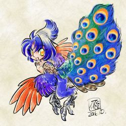 Rule 34 | 1girl, 2016, :d, bird, bird legs, bird wings, blue hair, claws, colorful, commentary, dated, eyelashes, feathered wings, feathers, forehead, harpy, journey to the west, looking at viewer, monster girl, open mouth, parted bangs, peacock, peahen, purple hair, signature, simple background, smile, solo, suzakunest, white background, winged arms, wings, yellow eyes