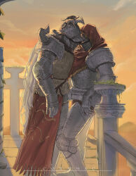 Rule 34 | 2others, absurdres, adios, against fence, armor, banished knight, between legs, cape, character request, couple, elden ring, feet out of frame, fence, forehead-to-forehead, from side, full armor, heads together, highres, multiple others, outdoors, profile, red cape, red scarf, scarf, sky, standing, sunset, yellow sky
