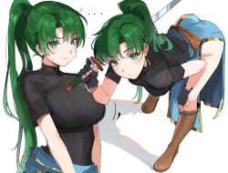 Rule 34 | 1girl, absurdres, adapted costume, ass, blush, breasts, earrings, fingerless gloves, fire emblem, fire emblem: the blazing blade, gloves, green eyes, green hair, high ponytail, highres, holding, holding sword, holding weapon, jewelry, large breasts, long hair, looking at viewer, lyn (fire emblem), nintendo, ormille, ponytail, simple background, smile, solo, sword, very long hair, weapon, white background