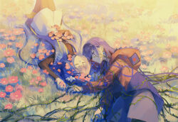 Rule 34 | 2girls, absurdres, black leggings, black shirt, blue cloak, blue eyes, blue hair, braid, chinese commentary, cloak, closed eyes, colored inner hair, commentary request, diamond earrings, earrings, field, flower, flower field, from above, grass, hair over shoulder, highres, holding, holding flower, hood, hood down, hood up, hooded cloak, hooded jacket, jacket, jewelry, kaf (kamitsubaki studio), kamitsubaki studio, knees up, leggings, long sleeves, looking at another, low ponytail, lying, multicolored eyes, multicolored hair, multiple girls, on back, on ground, on side, open clothes, open jacket, outdoors, parted lips, pink flower, pink hair, plant, red eyes, red flower, red hair, red jacket, rim (kamitsubaki studio), shirt, short hair, side braid, sleeping, smile, sunlight, vines, virtual youtuber, walluka, white shirt, yellow pupils