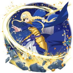 Rule 34 | 1girl, alice zuberg, armor, armored dress, blonde hair, blue cape, blue eyes, cape, eyepatch, faulds, gold armor, hair intakes, hairband, highres, holding, holding sword, holding weapon, long hair, long sleeves, looking at viewer, open mouth, osmanthus blade, outstretched arms, skirt, solo, stance, standing, sword, sword art online, sword art online: alicization, transparent background, very long hair, weapon, white hairband, white skirt