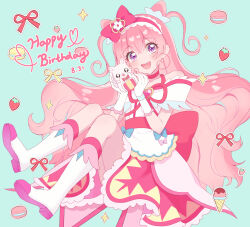 Rule 34 | :d, animal, apron, back bow, birthday, boots, bow, brooch, choker, commentary, cone hair bun, cure precious, cursive, dated, delicious party precure, double bun, dress, english text, floating, food, fox, fruit, gloves, hair bow, hair bun, hairband, happy birthday, heart, heart brooch, highres, hiru (user dzge7447), holding, holding animal, jewelry, kome-kome (precure), large bow, long hair, macaron, magical girl, medium dress, nagomi yui, off-shoulder dress, off shoulder, open mouth, pink hair, precure, purple eyes, red bow, red choker, red hairband, red ribbon, ribbon, smile, star (symbol), strawberry, very long hair, waist apron, white dress, white footwear, white gloves