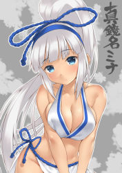 Rule 34 | 1girl, absurdres, bare shoulders, bikini, blue eyes, blunt bangs, blush, breasts, breasts squeezed together, character name, cleavage, closed mouth, collarbone, dark-skinned female, dark skin, eyelashes, frown, grey background, hair ornament, hairband, halterneck, high ponytail, highres, large breasts, long hair, looking at viewer, majikina mina, outline, ponytail, ren san, samurai spirits, side-tie bikini bottom, sidelocks, snk, solo, stomach, swimsuit, upper body, v arms, very long hair, white bikini, white hair