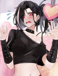 Rule 34 | arm guards, azur lane, black bra, black choker, black hair, black shirt, blush, bra, bra strap, breasts, choker, clenched hand, collarbone, crop top, cropped shirt, flustered, haguro (azur lane), haguro (caught by nightfall) (azur lane), hair over eyes, hands up, heart, heart choker, highres, large breasts, long hair, marshall k, navel, off shoulder, open mouth, ponytail, red eyes, see-through, see-through shirt, shirt, strap lift, underwear, upper body