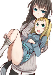 Rule 34 | 2girls, animal ears, aqua eyes, bad id, bad pixiv id, black hair, black legwear, blonde hair, blue eyes, blush, carrying, clothes pull, elizabeth f. beurling, elma leivonen, height difference, long hair, military, military uniform, multiple girls, open mouth, pantyhose, pantyhose pull, princess carry, rosettastone, simple background, size difference, strike witches, strike witches: suomus misfits squadron, sweater, tail, tareme, tsurime, uniform, white legwear, world witches series, yuri