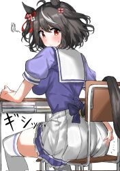 Rule 34 | ahoge, animal ears, ass, black hair, breasts, chair, commentary request, corrupted twitter file, desk, hair between eyes, hair ornament, highres, horse ears, horse tail, kitasan black (umamusume), kumiyabe, looking at viewer, looking back, medium breasts, medium hair, red eyes, school desk, school uniform, simple background, sitting, sweat, tail, thighhighs, tracen school uniform, umamusume, white background