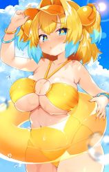 Rule 34 | 1girl, bikini, blonde hair, blue eyes, blue hair, blue sky, bombergirl, bracelet, breasts, cloud, commentary request, day, highres, jewelry, large breasts, looking at viewer, msp sammy, multicolored hair, o-ring, o-ring bikini, o-ring top, pine (bombergirl), sky, solo, sun, swimsuit, two-tone hair, visor cap, wet, yellow bikini