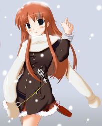 Rule 34 | 1girl, bag, bare legs, black eyes, blush, brown hair, coat, cowboy shot, eimaisaki, grey background, grey eyes, index finger raised, jacket, long hair, long sleeves, looking at viewer, open mouth, orange hair, original, scarf, simple background, skirt, snow, snowing, solo, standing, thighs, very long hair, winter, winter clothes, winter coat