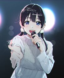 Rule 34 | 1girl, black hair, commentary request, facing viewer, hair ornament, highres, holding, holding microphone, kitashirakawa tamako, long hair, long sleeves, low twintails, microphone, momose (oqo), music, open mouth, pom pom (clothes), pom pom hair ornament, reaching, reaching towards viewer, shirt, singing, smile, solo, tamako market, twintails, upper body, white shirt