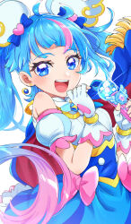 Rule 34 | 1girl, :d, absurdres, blue bow, blue cape, blue corset, blue eyes, blue hair, blue skirt, bow, cape, corset, cure sky, dot nose, dress bow, earrings, fingerless gloves, gloves, gradient hair, hair bow, hair ornament, heart, heart hair ornament, highres, hirogaru sky! precure, holding, holding wand, jewelry, long hair, looking at viewer, magical girl, multicolored hair, open mouth, pink bow, pink hair, precure, puffy sleeves, sharumon, simple background, skirt, smile, solo, sora harewataru, star (symbol), star in eye, streaked hair, symbol in eye, twintails, two-tone hair, upper body, wand, white background, white gloves
