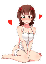 Rule 34 | 1girl, amami haruka, apron, bare legs, barefoot, between legs, blunt bangs, blush, breasts, brown hair, cleavage, collarbone, frilled apron, frills, full body, green eyes, hand between legs, heart, idolmaster, idolmaster (classic), looking at viewer, medium breasts, naked apron, nose blush, open mouth, parted lips, simple background, sitting, smile, solo, v arms, wariza, white background, yasuhito