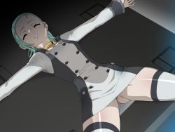 Rule 34 | 1girl, breasts, buttons, closed eyes, collar, don (rg06268), double-breasted, dress, eureka (eureka seven), eureka seven, eureka seven (series), from above, gluteal fold, green hair, groin, hair ornament, hairclip, highres, ice place, indoors, legs, long sleeves, lying, outstretched arms, panties, pantyshot, parted lips, short hair, small breasts, solo, spread legs, thighhighs, thighs, underwear, zettai ryouiki