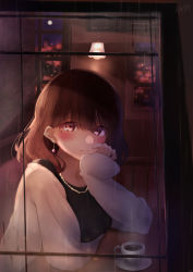 Rule 34 | 1girl, bad id, bad pixiv id, black shirt, blush, brown hair, city, commentary request, earrings, highres, indoors, jewelry, looking at viewer, looking outside, mole, mole under eye, necklace, original, purple eyes, shirt, solo, sweater, tsukiyono, white sweater, window