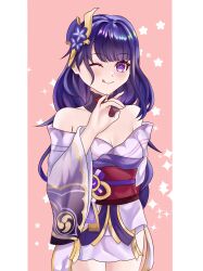 Rule 34 | 1girl, ;), ;q, absurdres, bare shoulders, blush, breasts, cleavage, cowboy shot, ganqing, genshin impact, hair ornament, hand up, highres, japanese clothes, kimono, long hair, long sleeves, looking at viewer, obi, off shoulder, one eye closed, purple eyes, purple hair, purple kimono, raiden shogun, red sash, sash, small breasts, smile, solo, standing, tongue, tongue out, very long hair, wide sleeves