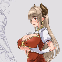 Rule 34 | 10s, 1girl, alicia (granblue fantasy), breast lift, breast suppress, breasts, center opening, cleavage, draph, earrings, from side, gloves, gran (granblue fantasy), granblue fantasy, horns, huge breasts, jewelry, mature female, pointy ears, red eyes, solo focus, white gloves, zaxwu