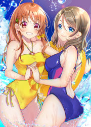 Rule 34 | 2girls, ahoge, alternate hair length, alternate hairstyle, ass, blue eyes, blue one-piece swimsuit, blue sky, breasts, brown hair, casual one-piece swimsuit, cloud, collarbone, commentary request, commission, competition swimsuit, cowboy shot, hair down, highres, holding hands, long hair, looking at viewer, love live!, love live! sunshine!!, medium breasts, multiple girls, one-piece swimsuit, orange hair, parted lips, pixiv commission, red eyes, short hair, side-tie swimsuit, sky, swimsuit, takami chika, tsurugi hikaru, watanabe you, water, yellow one-piece swimsuit