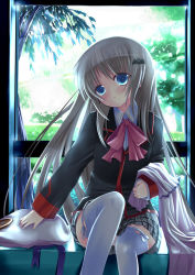 Rule 34 | 1girl, blue eyes, blush, bow, bowtie, little busters!, long sleeves, looking at viewer, noumi kudryavka, pink bow, pink bowtie, silver hair, sitting, solo, tareme, thighhighs, white thighhighs, xephonia, zettai ryouiki