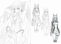 Rule 34 | boots, breasts, cleavage, concept art, dress, earrings, highres, iris hartley, jewelry, long hair, looking at viewer, monochrome, multiple girls, short dress, single thighhigh, thigh boots, thigh strap, thighhighs, tony taka, valhellio