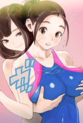 Rule 34 | 2girls, blue one-piece swimsuit, breasts, brown eyes, brown hair, closed mouth, collarbone, commentary request, dytm, flying sweatdrops, highres, large breasts, multiple girls, one-piece swimsuit, original, parted lips, ponytail, pool monitor part-timer (dtym), short hair, simple background, smile, swimsuit, translation request, upper body, yuri