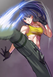 Rule 34 | 1girl, abs, bare shoulders, black gloves, blue eyes, blue hair, blush, breasts, cargo pants, cleavage, clenched hand, closed mouth, collarbone, commentary request, cowboy shot, crop top, gloves, green pants, grey background, groin, hand up, highres, kicking, large breasts, leona heidern, long hair, looking at viewer, midriff, navel, pants, ponytail, pouch, sidelocks, simple background, solo, standing, standing on one leg, tank top, taut clothes, the king of fighters, thigh pouch, toin (iitoin), yellow tank top