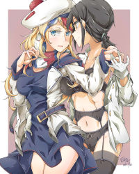 Rule 34 | 10s, 2017, 2girls, beret, black bra, black hair, black legwear, black panties, blonde hair, blue dress, blue eyes, blue hair, bra, commandant teste (kancolle), commentary request, dated, dress, falco arrow, female admiral (kancolle), garter straps, glasses, gloves, hat, highres, kantai collection, long hair, looking at another, multicolored hair, multiple girls, navel, open mouth, panties, red hair, scarf, smile, streaked hair, thighhighs, underwear, white gloves, white hair, yuri