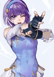 Rule 34 | 1girl, asamiya athena, black gloves, blue hairband, fingerless gloves, gloves, hairband, highres, one eye closed, oni gini, pointing, pointing at viewer, purple eyes, purple hair, short hair, solo, the king of fighters