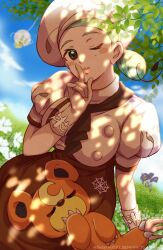 Rule 34 | 1girl, absurdres, apron, arm support, blush stickers, breasts, brown apron, buttons, commentary, creatures (company), dated, day, eyelashes, game freak, gen 2 pokemon, gloves, green hair, hat, head tilt, highres, katy (pokemon), looking at viewer, mole, nintendo, nymble, one eye closed, outdoors, parted lips, pokemon, pokemon (creature), pokemon sv, short sleeves, sky, spider web print, symbol-only commentary, tarountula, teddiursa, yatarou (yataro0730)