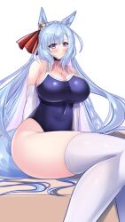 Rule 34 | 1girl, absurdres, alternate costume, animal ears, bare shoulders, blue hair, blue one-piece swimsuit, blush, braid, breasts, cela f, cleavage, closed mouth, commentary request, competition school swimsuit, covered navel, crown braid, ear ornament, elbow gloves, gloves, highres, horse ears, horse girl, horse tail, large breasts, light blue hair, long hair, mejiro ardan (umamusume), one-piece swimsuit, purple eyes, school swimsuit, sitting, smile, solo, swimsuit, tail, thighhighs, umamusume, very long hair, white gloves, white thighhighs