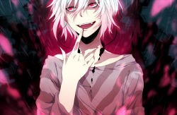 Rule 34 | 1boy, accelerator (toaru majutsu no index), glowing, glowing eyes, issa (sorako45), jewelry, male focus, necklace, red eyes, shirt, smile, solo, striped clothes, striped shirt, toaru kagaku no railgun, toaru majutsu no index, white hair