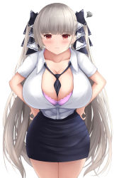 Rule 34 | 1girl, absurdres, alternate costume, azur lane, between breasts, black necktie, black ribbon, black skirt, bra, bra peek, breasts, center opening, closed mouth, collarbone, cowboy shot, facing viewer, formidable (azur lane), gintokyhenry, glasses, grey hair, hair ribbon, hands on own hips, highres, huge breasts, legs together, long hair, looking at viewer, loose necktie, miniskirt, necktie, necktie between breasts, office lady, open clothes, open shirt, partially unbuttoned, pencil skirt, pink bra, red eyes, ribbon, shirt, short sleeves, simple background, skirt, solo, standing, taut clothes, taut shirt, twintails, underwear, very long hair, white background, white shirt