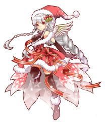 Rule 34 | 1girl, adapted costume, angel, angel wings, bare shoulders, bell, black gloves, blush, bow, braid, breasts, cherry2317, christmas, dress, elbow gloves, full body, fur trim, gloves, hair bow, hair ornament, halterneck, hat, leg up, light valkyrie (p&amp;d), long hair, orange eyes, puzzle &amp; dragons, red bow, santa costume, santa hat, silver hair, single braid, smile, solo, star (symbol), striped clothes, striped thighhighs, thighhighs, twin braids, valkyrie (p&amp;d), very long hair, wings, wreath