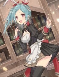 Rule 34 | 1girl, :d, ahoge, animal ears, apron, atelier (series), atelier sophie, black thighhighs, blue hair, bottle, bra, braid, breasts, brown outline, cafe, cleavage, dress, fingernails, frilled apron, frilled sleeves, frills, hands up, hani (udauda), heart, holding, holding saucer, juliet sleeves, light blue hair, long hair, long sleeves, looking at viewer, maid headdress, medium breasts, open mouth, outline, pink eyes, puffy sleeves, rabbit ears, saucer, short dress, side ponytail, smile, solo, strapless, strapless bra, striped clothes, striped dress, teeth, tess heitzmann, thighhighs, underwear, upper teeth only, vertical-striped clothes, vertical-striped dress, waist apron, white apron, white bra, wine bottle, wrist cuffs, zettai ryouiki