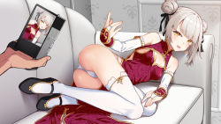 Rule 34 | 1girl, ass, bad id, bad twitter id, bare shoulders, black ribbon, blonde hair, breasts, bridal gauntlets, camera, china dress, chinese clothes, cleavage, cleavage cutout, clothing cutout, commentary request, couch, double bun, dress, hair bun, hair ribbon, hair tie, hand on own leg, holding, holding camera, looking at viewer, lying, on couch, on side, original, out of frame, outstretched arm, panties, pantyshot, pov, rasaras leonids, ribbon, small breasts, spread fingers, thighhighs, underwear, viewfinder, yellow eyes