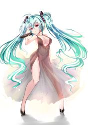 Rule 34 | 1girl, alternate eye color, aqua hair, bad id, bad pixiv id, bare shoulders, black dress, breasts, cleavage, dress, covered erect nipples, hatsune miku, highres, large breasts, long hair, microphone, pink eyes, side slit, sketch, solo, standing, twintails, very long hair, vocaloid, zheyi parker