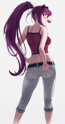 Rule 34 | 1girl, ass, blush, breasts, butt crack, hand on own ass, hand on own hip, highres, large breasts, legs, long hair, looking at viewer, looking back, midriff, pants, ponytail, purple hair, red eyes, seductive smile, shirt, sideboob, sleeveless, sleeveless shirt, smile, thighs, touniyuu, under night in-birth, yuzuriha (under night in-birth)