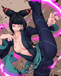 Rule 34 | 1girl, alternate costume, black hair, breasts, capcom, flexible, han juri, highres, large breasts, leg up, solo, street fighter, street fighter iv (series), twintails, yes hammy