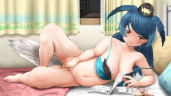 Rule 34 | 1girl, aqua hair, arm support, barefoot, bed, belly, bird tail, bird wings, blush, bottomless, bra, breasts, closed mouth, collarbone, curtains, elbow rest, female masturbation, fingering, full body, furrowed brow, hat, head wings, indoors, kasu (kasunohikari), kemono friends, knee up, large breasts, long hair, looking down, lying, masturbation, navel, on bed, on side, passenger pigeon (kemono friends), pillow, pussy juice, reading, red eyes, solo, spaghetti strap, spread legs, stomach, strap slip, sweat, tail, toes, twisted torso, unaligned breasts, underwear, underwear only, window, wings