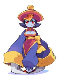 Rule 34 | 1girl, blue hair, blue skin, blush stickers, breasts, chinese clothes, claws, cleavage, cleavage cutout, clothing cutout, colored skin, flipped hair, hat, jiangshi, lei lei, looking at viewer, mota, red eyes, short hair, simple background, smile, solo, vampire (game), white background