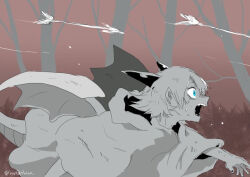 Rule 34 | 1boy, arrow (projectile), blue eyes, dragon boy, dragon horns, dragon tail, dragon wings, fangs, forest, horns, hotathino, looking to the side, male focus, nature, original, outdoors, red background, robe, running, short hair, solo, tail, wings