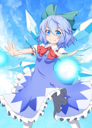 Rule 34 | 1girl, blue dress, blue eyes, blue hair, blue sky, bow, cirno, cloud, day, dress, energy ball, fang, fang out, hair bow, matching hair/eyes, nogisaka kushio, outstretched arms, shirt, short hair, sky, smile, solo, thighhighs, touhou, white thighhighs, wings