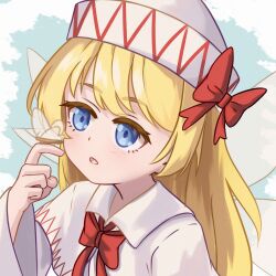Rule 34 | 1girl, blonde hair, blue background, blue eyes, bow, bowtie, bug, butterfly, butterfly on hand, capelet, chunjiu, collared shirt, dot nose, fairy wings, hat, hat bow, highres, index finger raised, insect, lily white, long hair, looking at animal, open mouth, red bow, red bowtie, shirt, sidelocks, simple background, touhou, two-tone background, white background, white butterfly, white capelet, white hat, white shirt, wide sleeves, wings