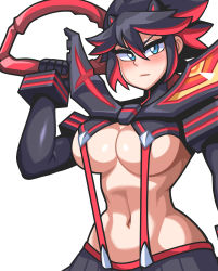 Rule 34 | 1girl, absurdres, blue eyes, blush, breasts, cleavage, colored sclera, expressionless, highres, holding, holding weapon, kamui (kill la kill), kill la kill, looking at viewer, matoi ryuuko, medium breasts, multicolored hair, red eyes, revealing clothes, sagas293, scissor blade (kill la kill), senketsu, streaked hair, sword, underboob, weapon, unfinished, yellow sclera