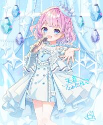 Rule 34 | amane namida, blue dress, blue eyes, braid, commission, crown, dress, facial mark, holding, holding microphone, indie virtual youtuber, jacket, microphone, multicolored hair, music, open clothes, open jacket, open mouth, pink hair, short hair, shuu (syuuuuuuuuuu), side braid, singing, skeb commission, smile, streaked hair, virtual youtuber, white jacket