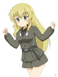 Rule 34 | 1girl, anzio military uniform, belt, belt buckle, blonde hair, blush, buckle, carpaccio (girls und panzer), cowboy shot, dagger, girls und panzer, green eyes, hands up, knife, long hair, looking at viewer, looking to the side, ma-2 (konkon kitakitsune), signature, simple background, skirt, smile, solo, weapon, white background
