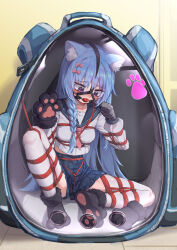 absurdres animal_bag animal_ears animal_hands ball_gag bdsm blue_hair bondage bound bound_arms bound_legs breasts cat_bag cat_ears cat_girl cat_paws crop_top crop_top_overhang crotch_rope gag gag_harness gagged highres long_hair m_legs midriff_peek original pleated_skirt purple_eyes restrained sailor sailor_collar school_uniform shibari shibari_over_clothes skirt small_breasts spread_legs thighhighs white_thighhighs xiongmao zettai_ryouiki