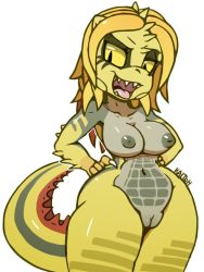 Rule 34 | 1girl, breasts, claws, cleft of venus, collarbone, colored sclera, dragon girl, kaitou, large breasts, monster girl, navel, open mouth, pussy, sharp teeth, shiny skin, tagme, tail, teeth, thick thighs, thighs, yellow sclera