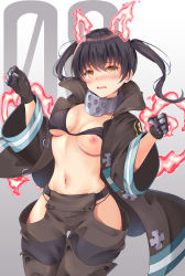 Rule 34 | 1girl, absurdres, bad id, bad pixiv id, baggy pants, baron (baronillust), bikini, black bikini, black coat, black gloves, black hair, blush, breasts, cleavage, clenched hands, coat, commentary request, covered erect nipples, cowboy shot, en&#039;en no shouboutai, fiery ears, fiery tail, fire, gloves, grey pants, hair between eyes, hands up, highres, hip vent, long hair, looking at viewer, medium breasts, metal gloves, navel, nipples, nose blush, open clothes, open coat, open mouth, pants, partial commentary, sidelocks, solo, standing, stomach, swimsuit, tail, tamaki kotatsu, thigh gap, twintails, underboob, wardrobe malfunction, white background, yellow eyes